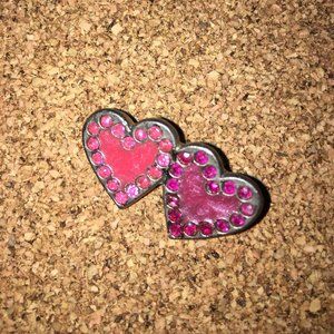 Double heart enamel and crystal pin / brooch